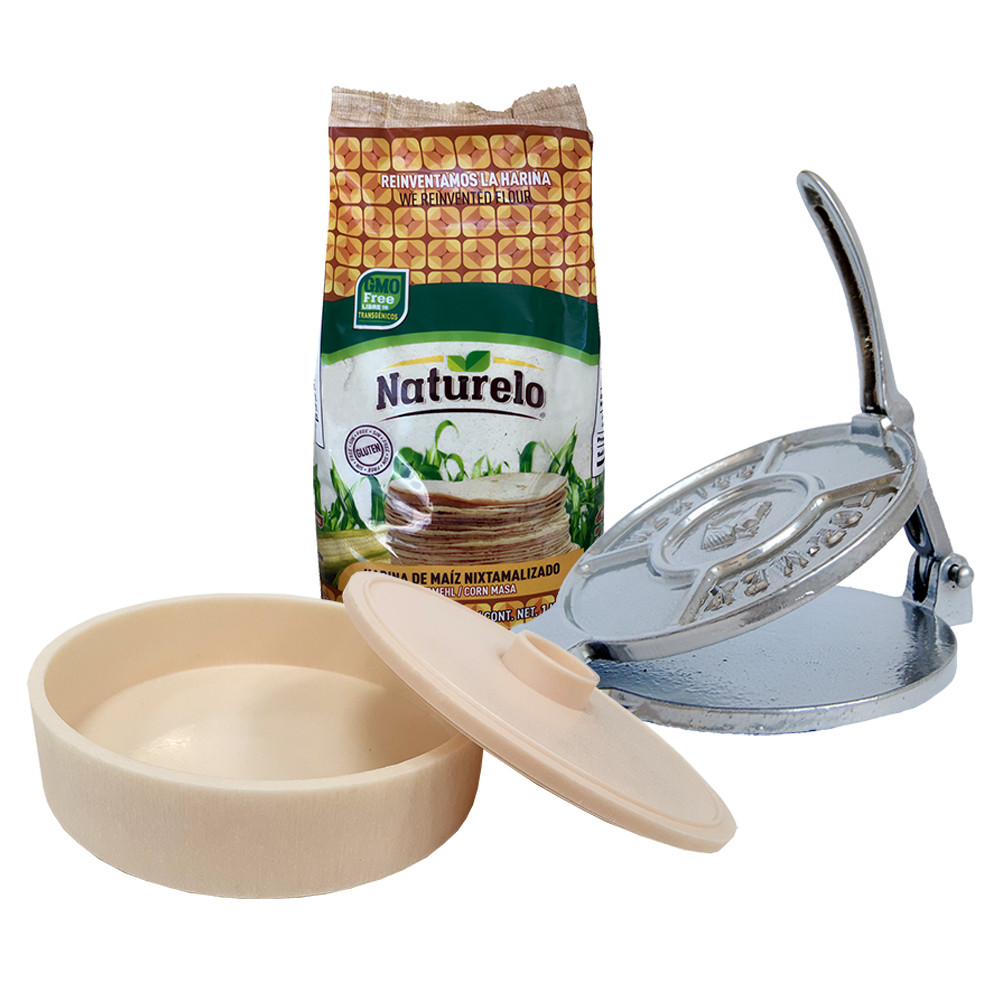 Bild von Tortilla Making Kit: Tortilla press, 1kg Naturelo & Tortilla Warmer